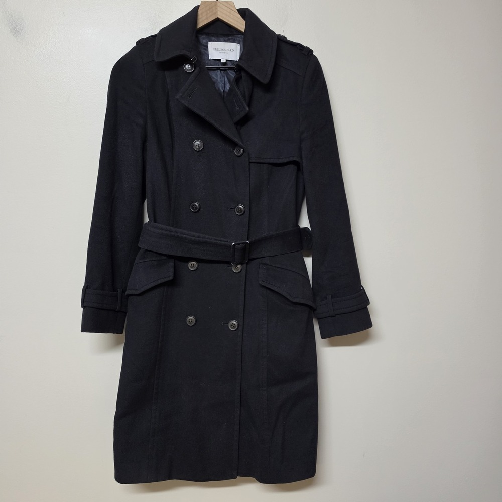 Eric Bompard Cashmere Trench Coat Women 36 Black Belted Double Breasted Luxury